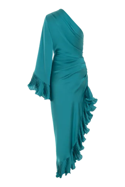 Jinelle Asymmetric Shoulder Satin Maxi Dress In Blue