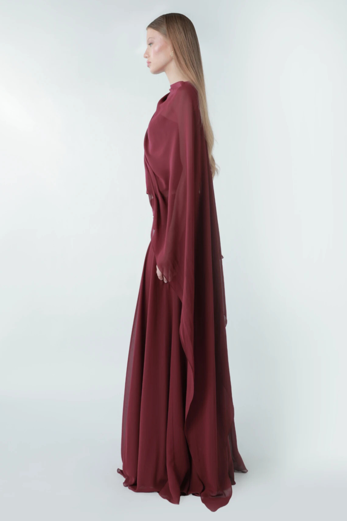 Dipali Asymmetric Cape Sleeve Draped Maxi Dress Set In Red