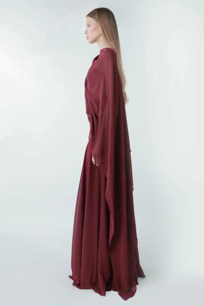 Dipali Asymmetric Cape Sleeve Draped Maxi Dress Set In Red