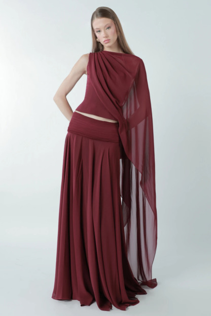Dipali Asymmetric Cape Sleeve Draped Maxi Dress Set In Red