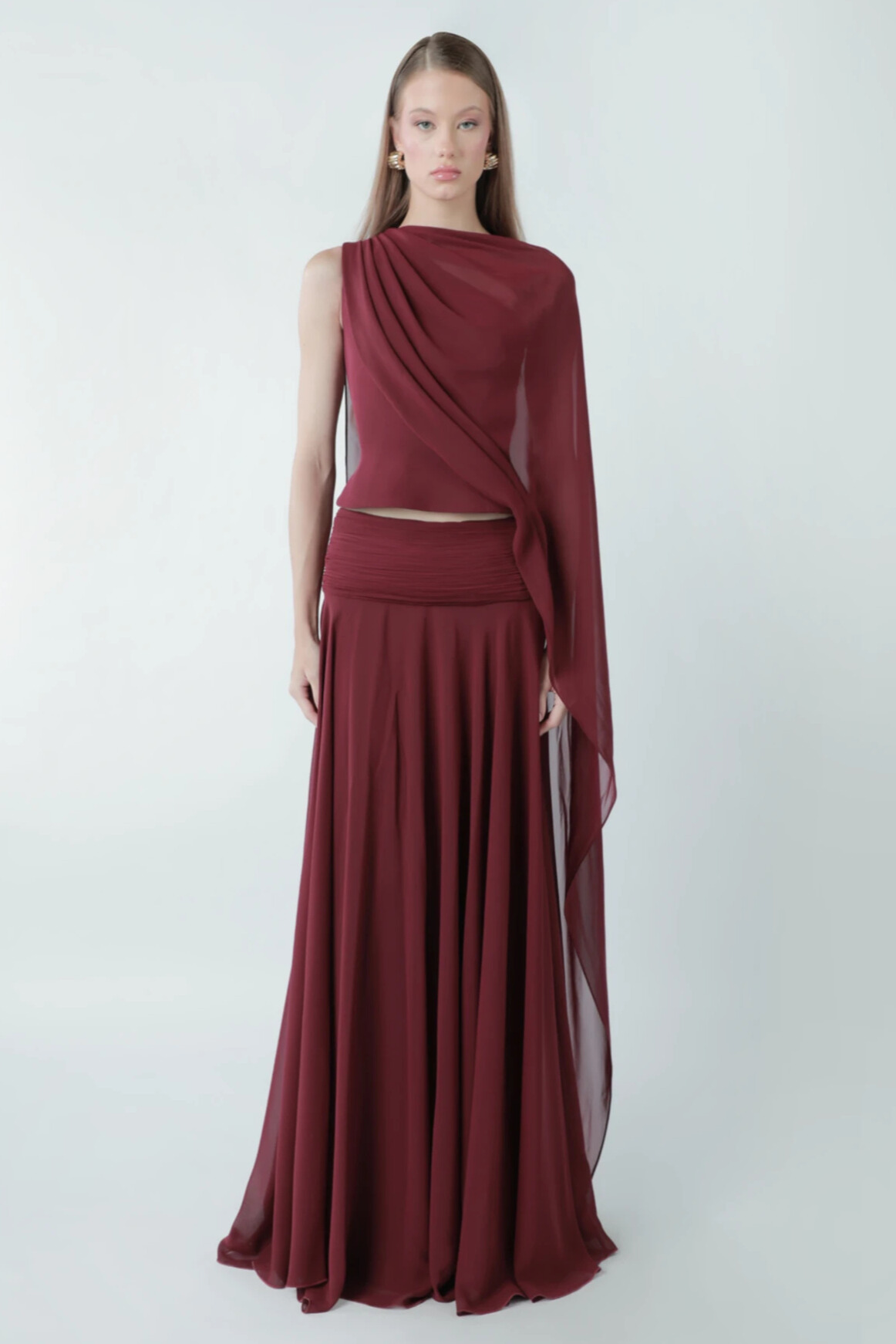 Dipali Asymmetric Cape Sleeve Draped Maxi Dress Set In Red