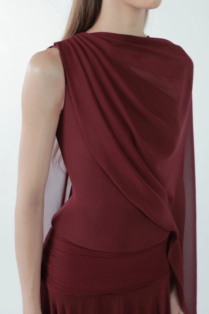 Dipali Asymmetric Cape Sleeve Draped Maxi Dress Set In Red