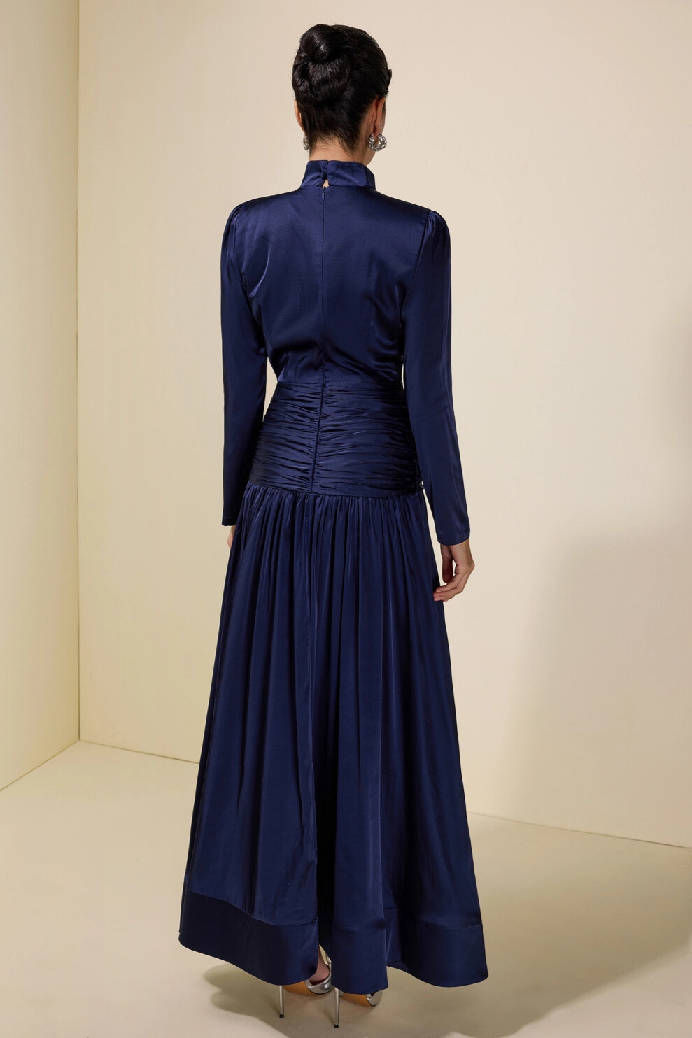 Celeste High Neck Rhinestone Ruched Satin Maxi Dress In Navy