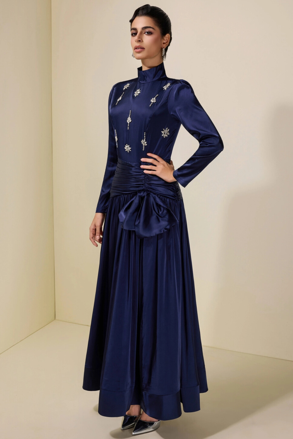 Celeste High Neck Rhinestone Ruched Satin Maxi Dress In Navy