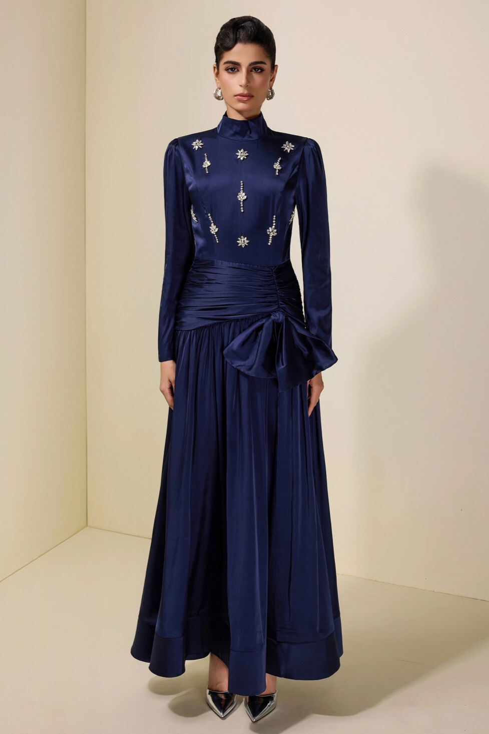 Celeste High Neck Rhinestone Ruched Satin Maxi Dress In Navy