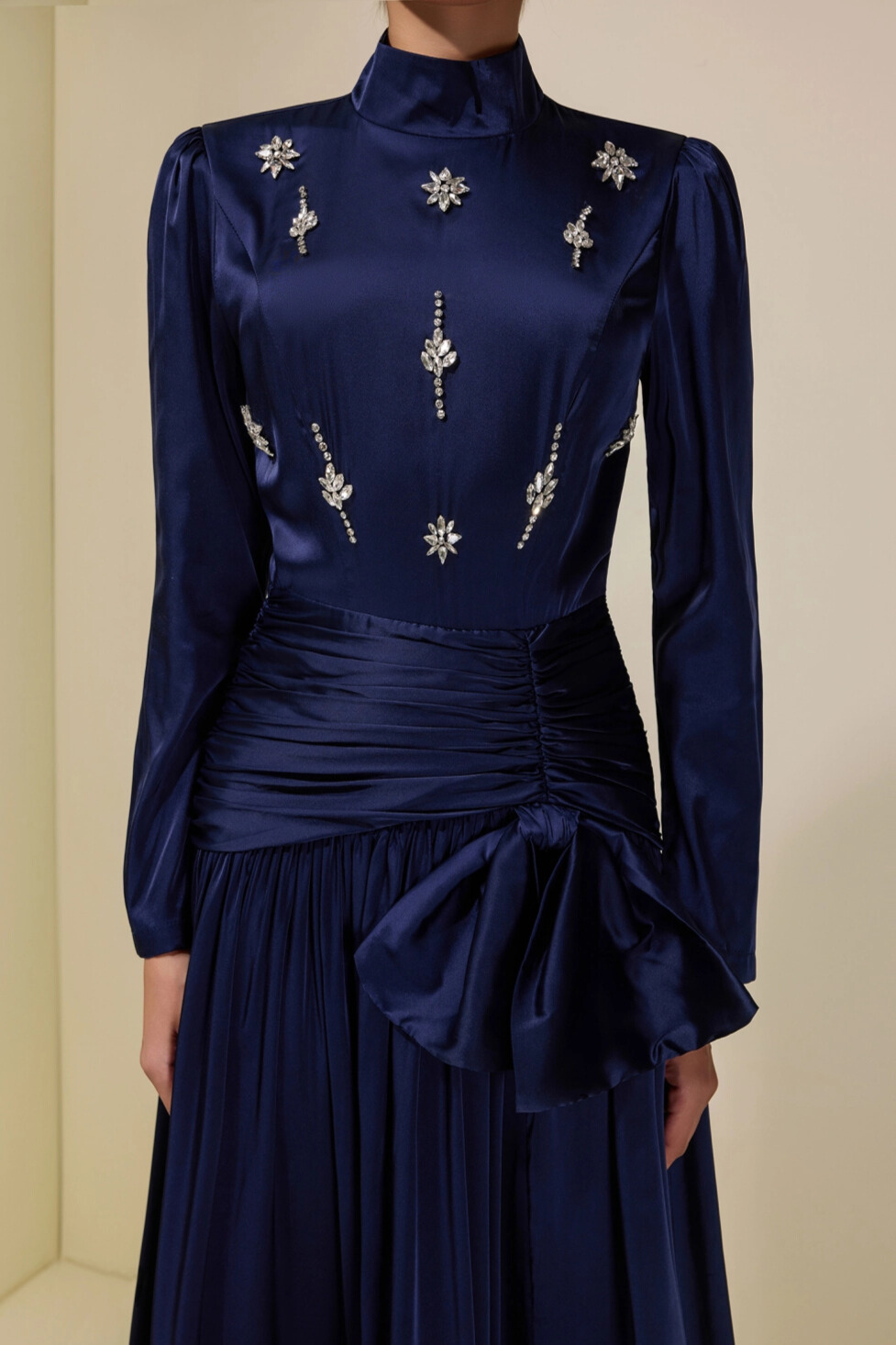 Celeste High Neck Rhinestone Ruched Satin Maxi Dress In Navy