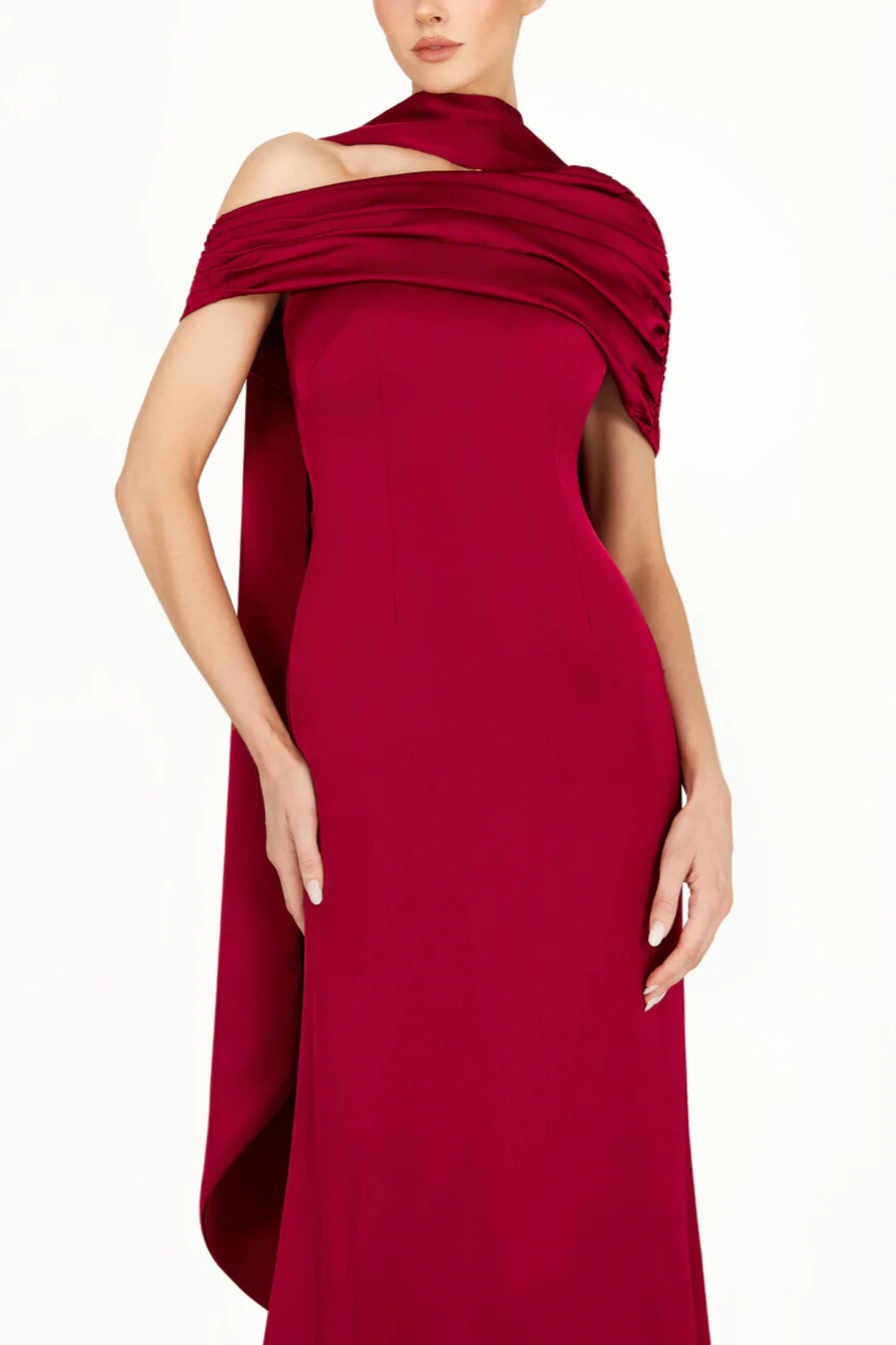 Acacia Draped Cape Ruched Shoulder Maxi Dress In Red