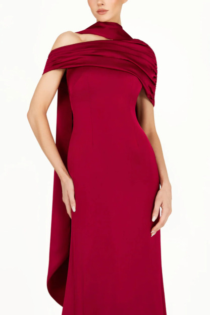 Acacia Draped Cape Ruched Shoulder Maxi Dress In Red