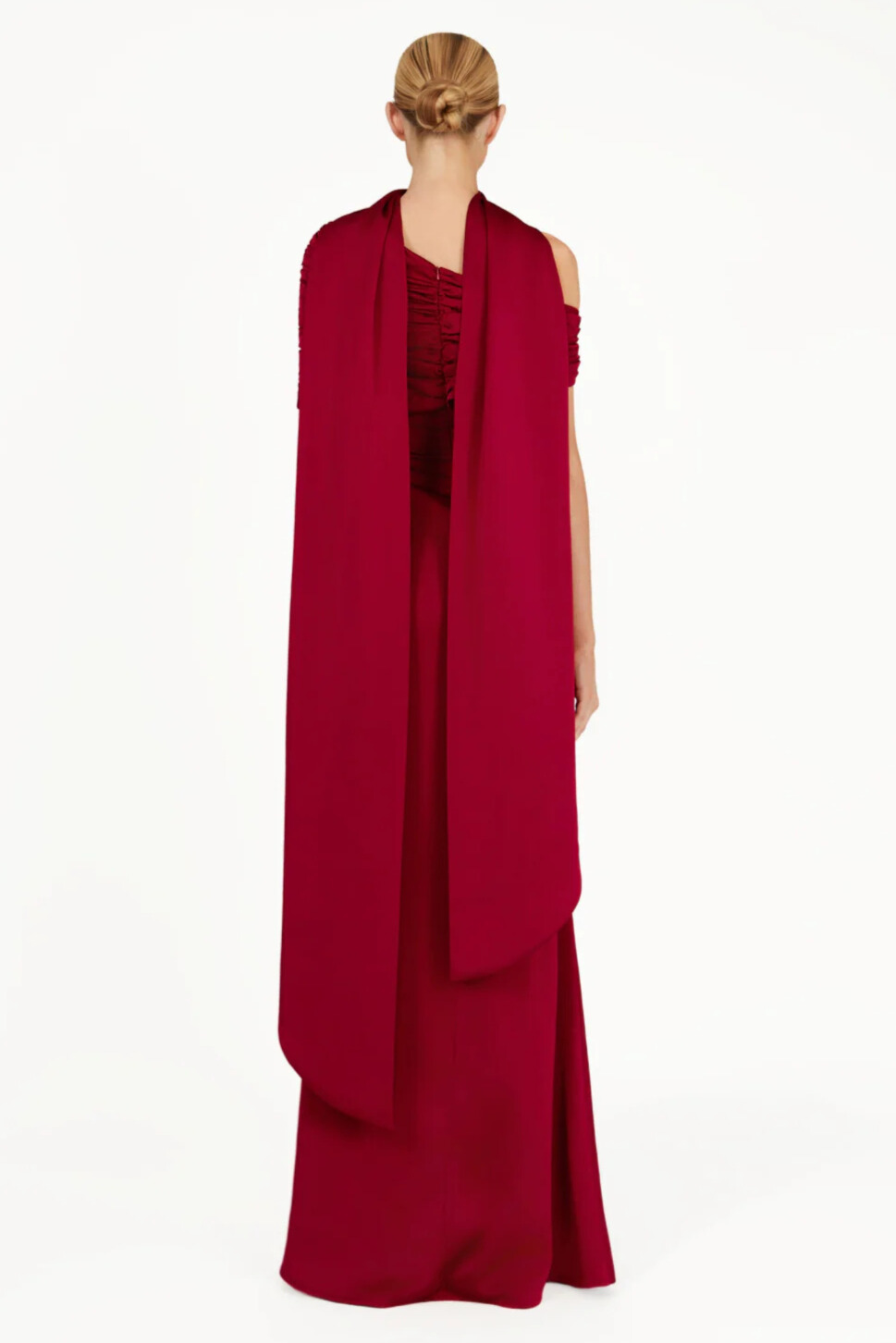 Acacia Draped Cape Ruched Shoulder Maxi Dress In Red