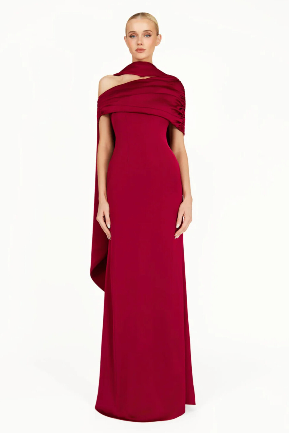 Acacia Draped Cape Ruched Shoulder Maxi Dress In Red