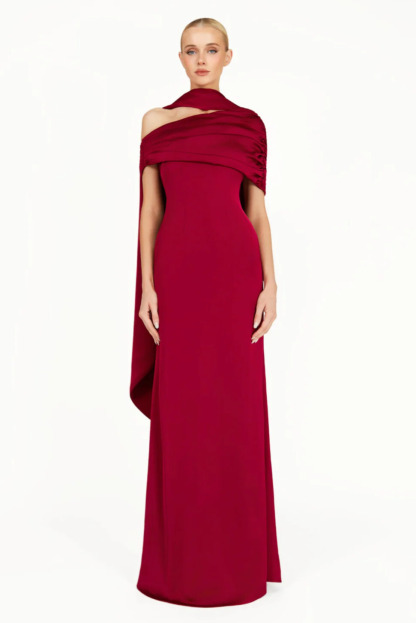 Acacia Draped Cape Ruched Shoulder Maxi Dress In Red