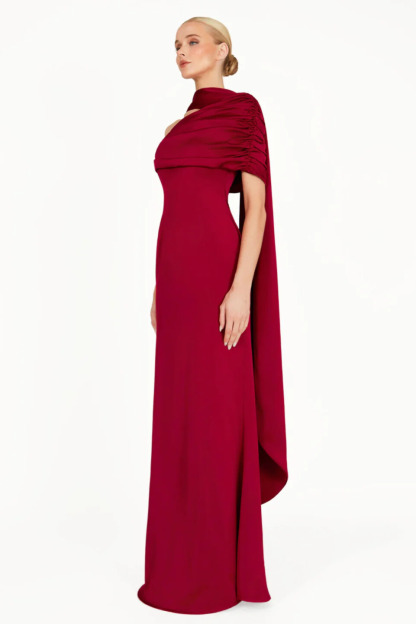 Acacia Draped Cape Ruched Shoulder Maxi Dress In Red