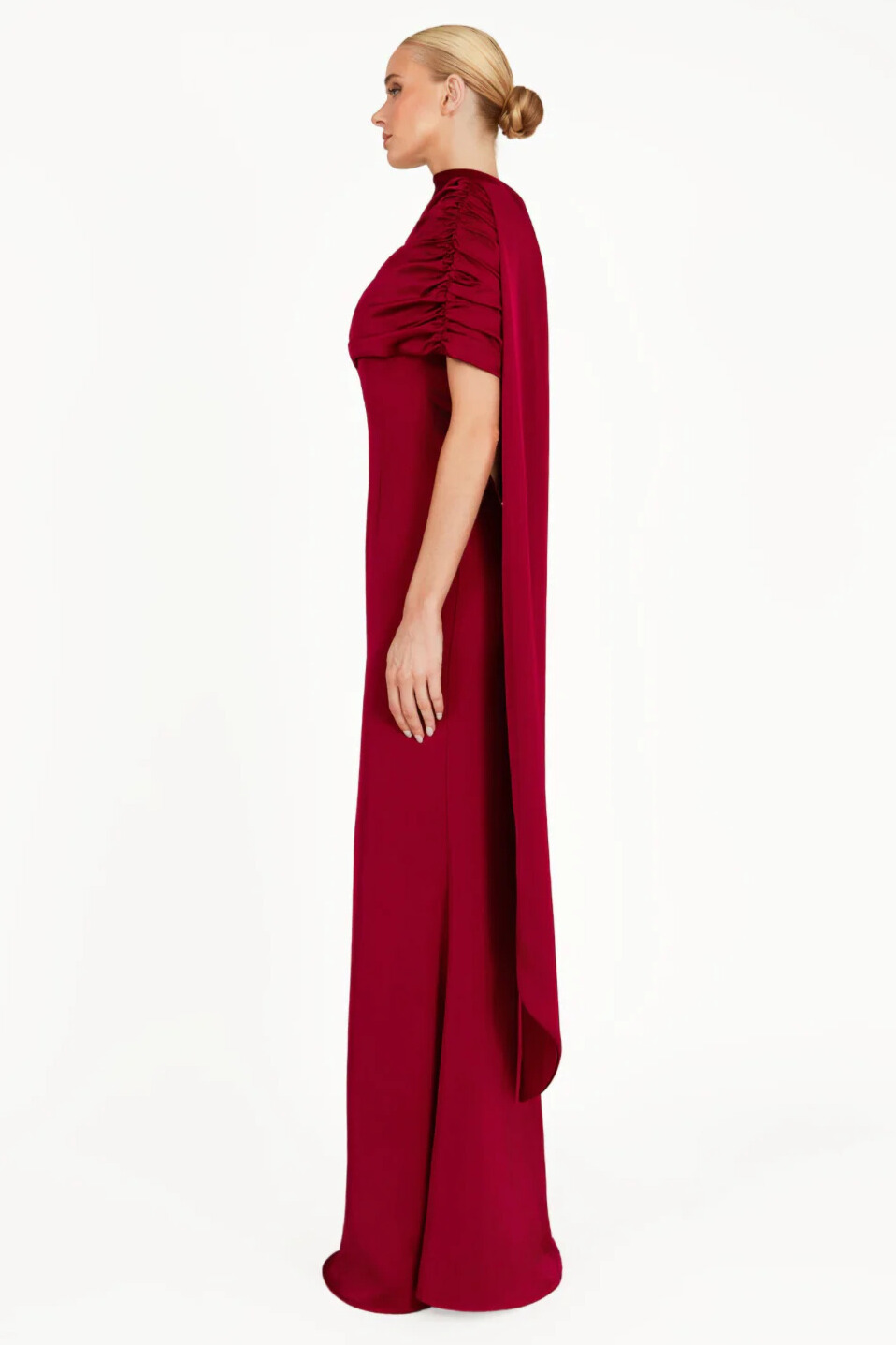 Acacia Draped Cape Ruched Shoulder Maxi Dress In Red