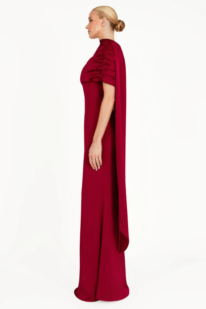 Acacia Draped Cape Ruched Shoulder Maxi Dress In Red