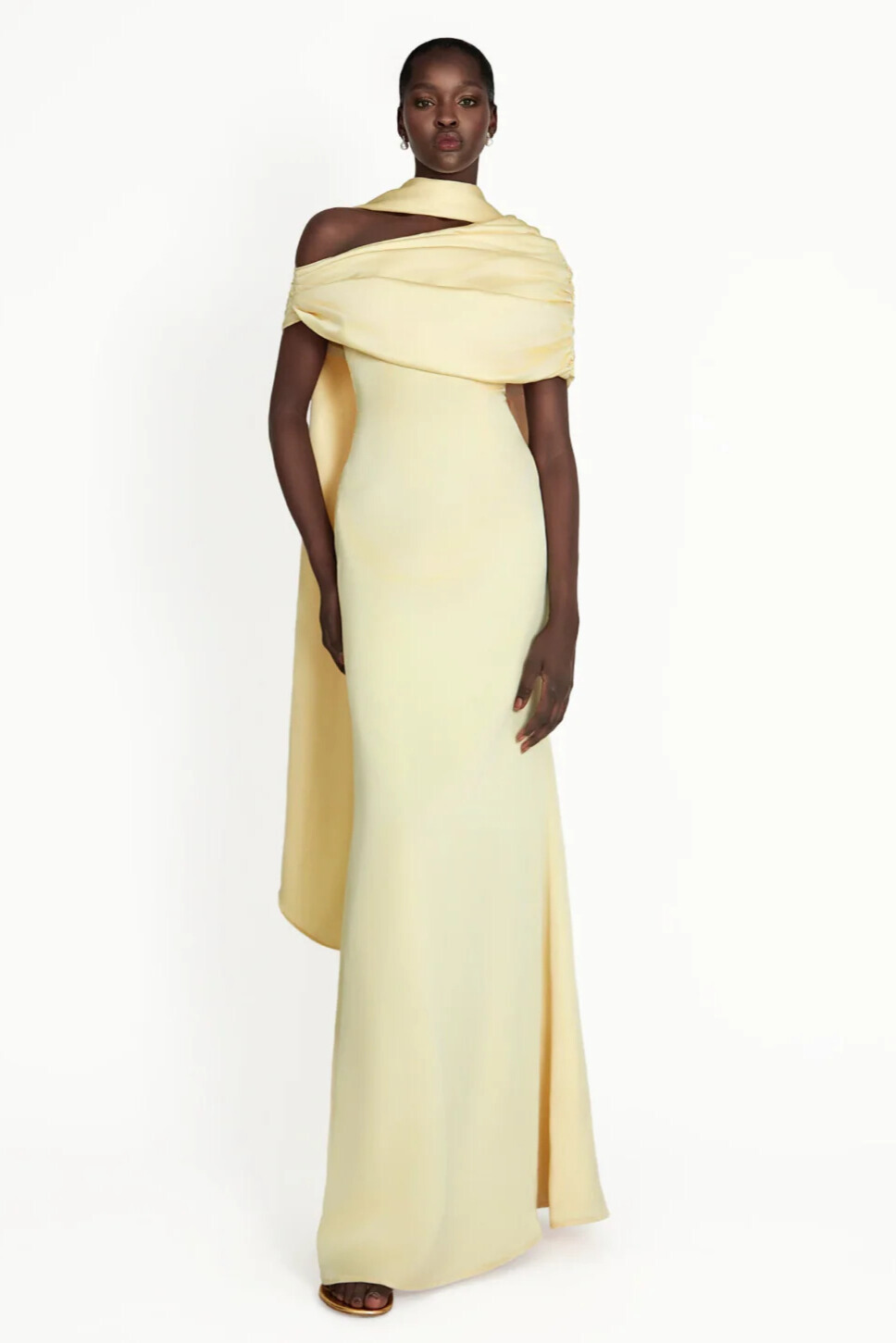 Acacia Draped Cape Ruched Shoulder Maxi Dress In Yellow
