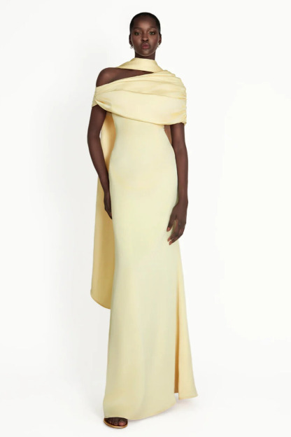 Acacia Draped Cape Ruched Shoulder Maxi Dress In Yellow
