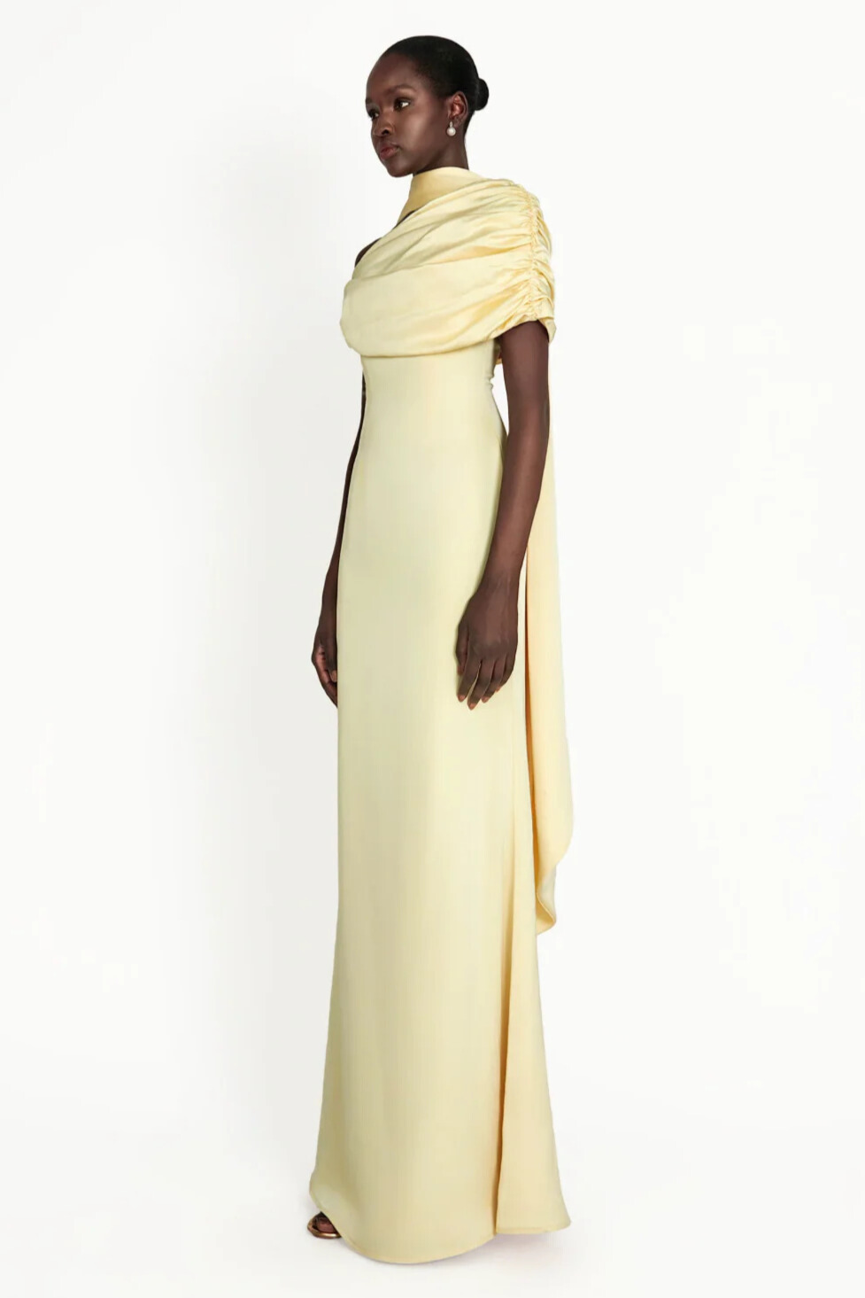 Acacia Draped Cape Ruched Shoulder Maxi Dress In Yellow