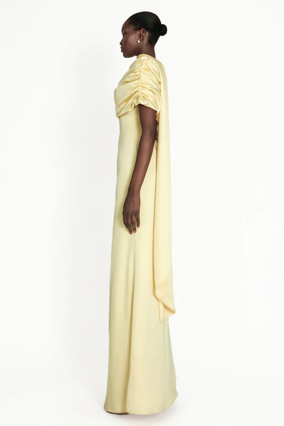Acacia Draped Cape Ruched Shoulder Maxi Dress In Yellow