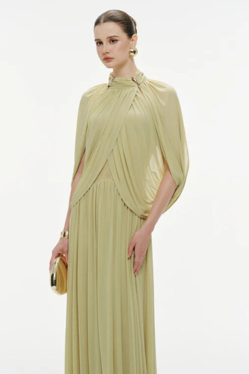 Genevieve Ruched Draped Cape Sleeve Mesh Maxi Dress In Green