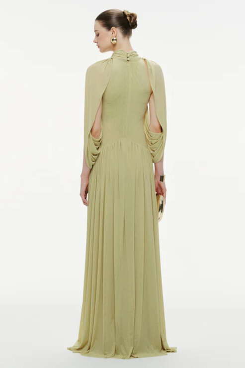 Genevieve Ruched Draped Cape Sleeve Mesh Maxi Dress In Green