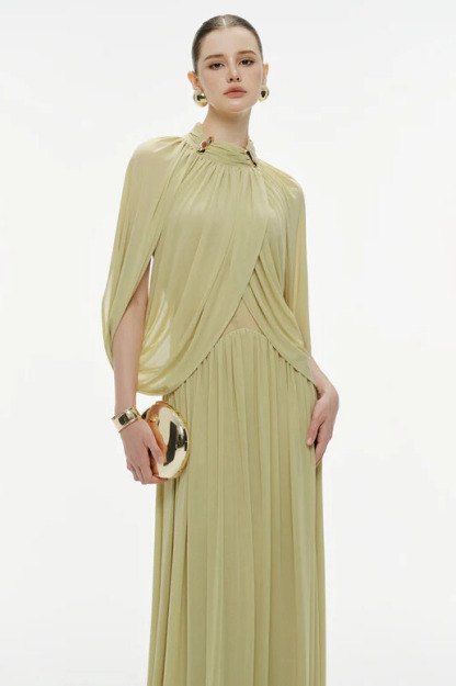 Genevieve Ruched Draped Cape Sleeve Mesh Maxi Dress In Green
