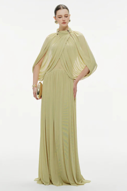 Genevieve Ruched Draped Cape Sleeve Mesh Maxi Dress In Green