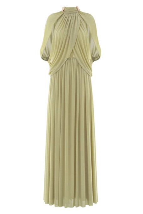 Genevieve Ruched Draped Cape Sleeve Mesh Maxi Dress In Green