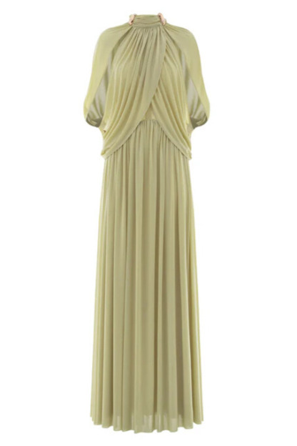 Genevieve Ruched Draped Cape Sleeve Mesh Maxi Dress In Green