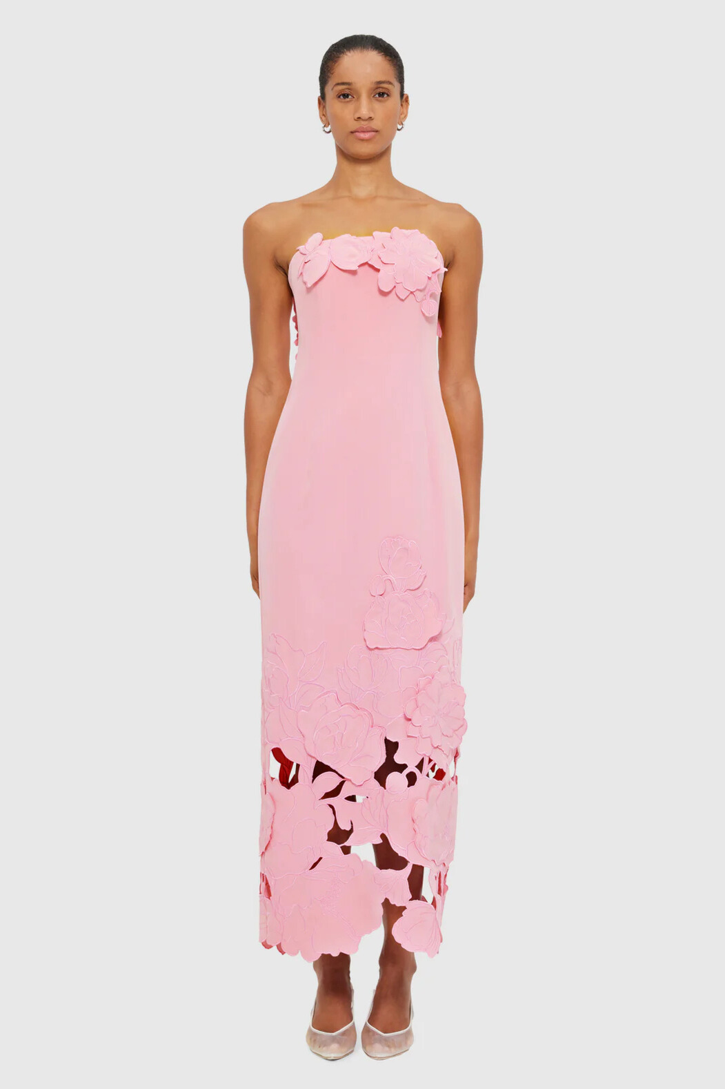 Ularen Strapless Embroidered Flower Midi Dress In Pink