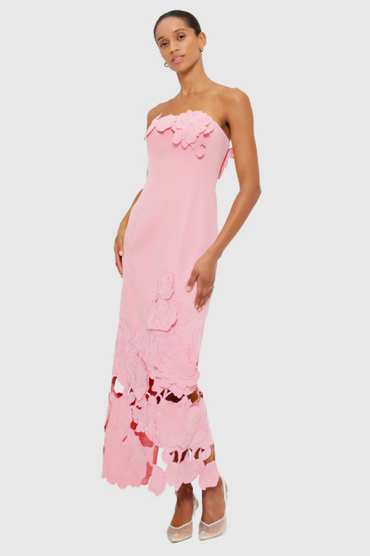 Ularen Strapless Embroidered Flower Midi Dress In Pink