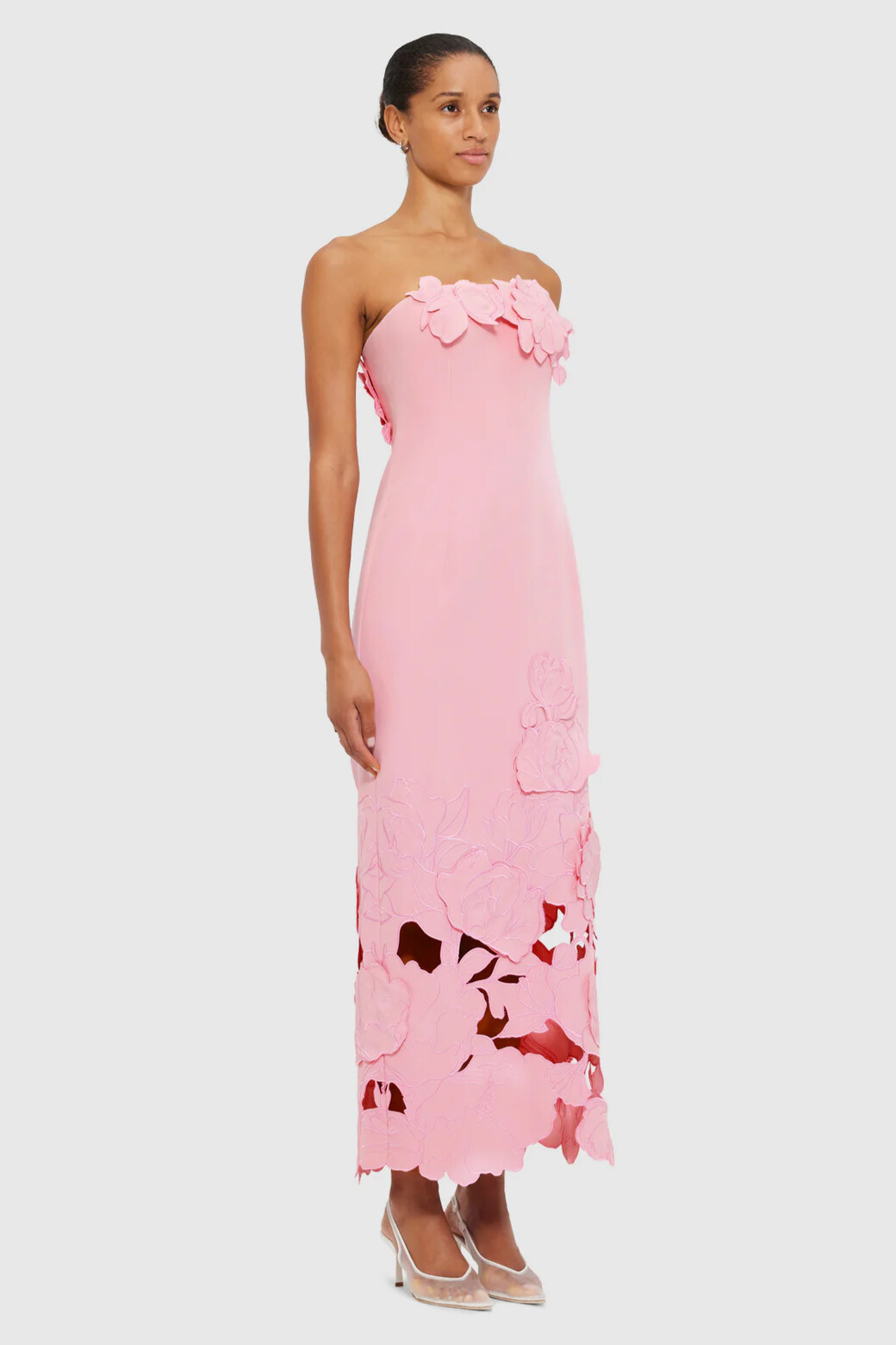 Ularen Strapless Embroidered Flower Midi Dress In Pink