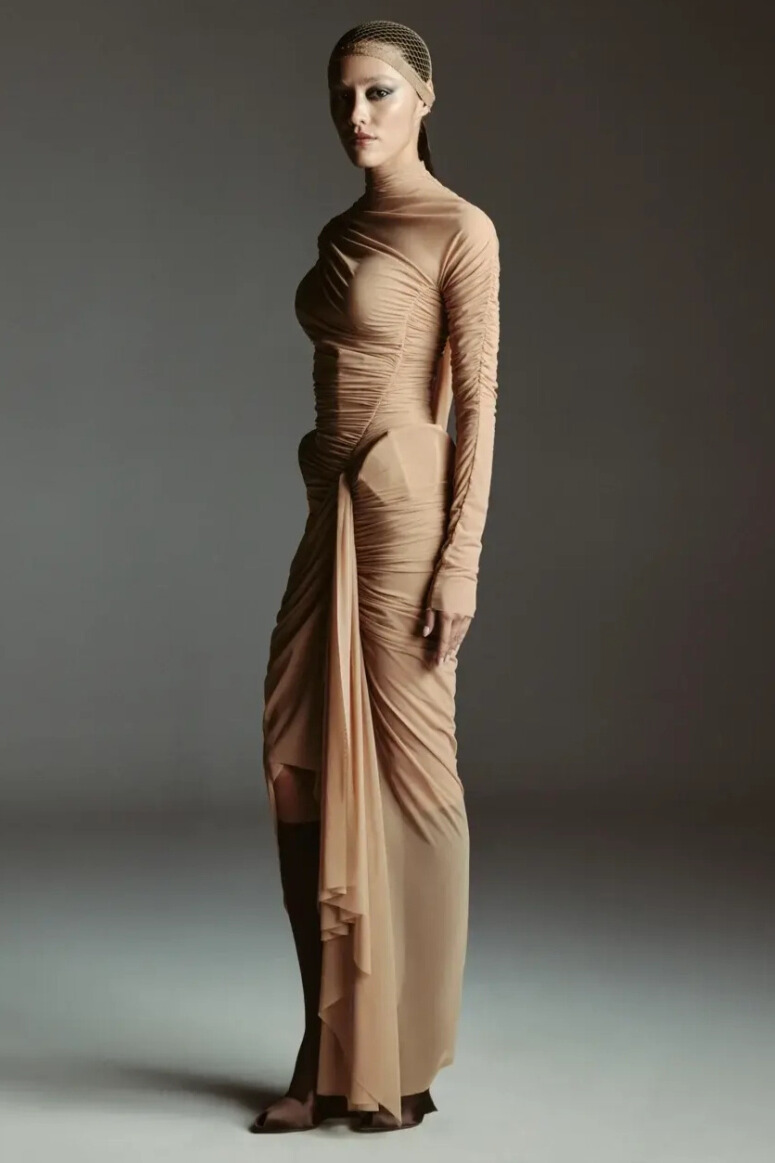 Elijah Asymmetric Ruched Split Mesh Midi Dress In Khaki