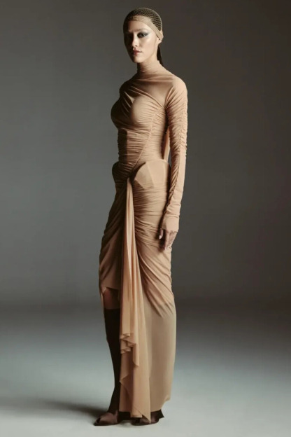 Elijah Asymmetric Ruched Split Mesh Midi Dress In Khaki