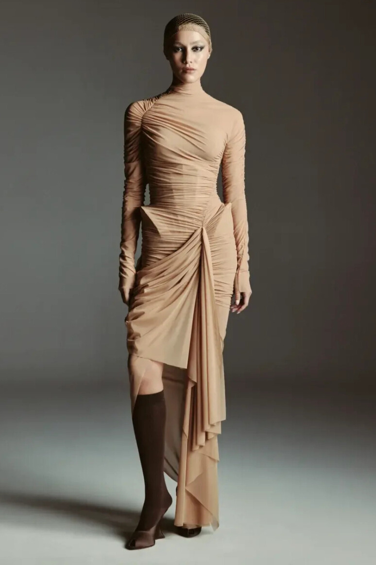 Elijah Asymmetric Ruched Split Mesh Midi Dress In Khaki