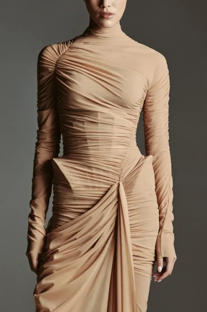 Elijah Asymmetric Ruched Split Mesh Midi Dress In Khaki