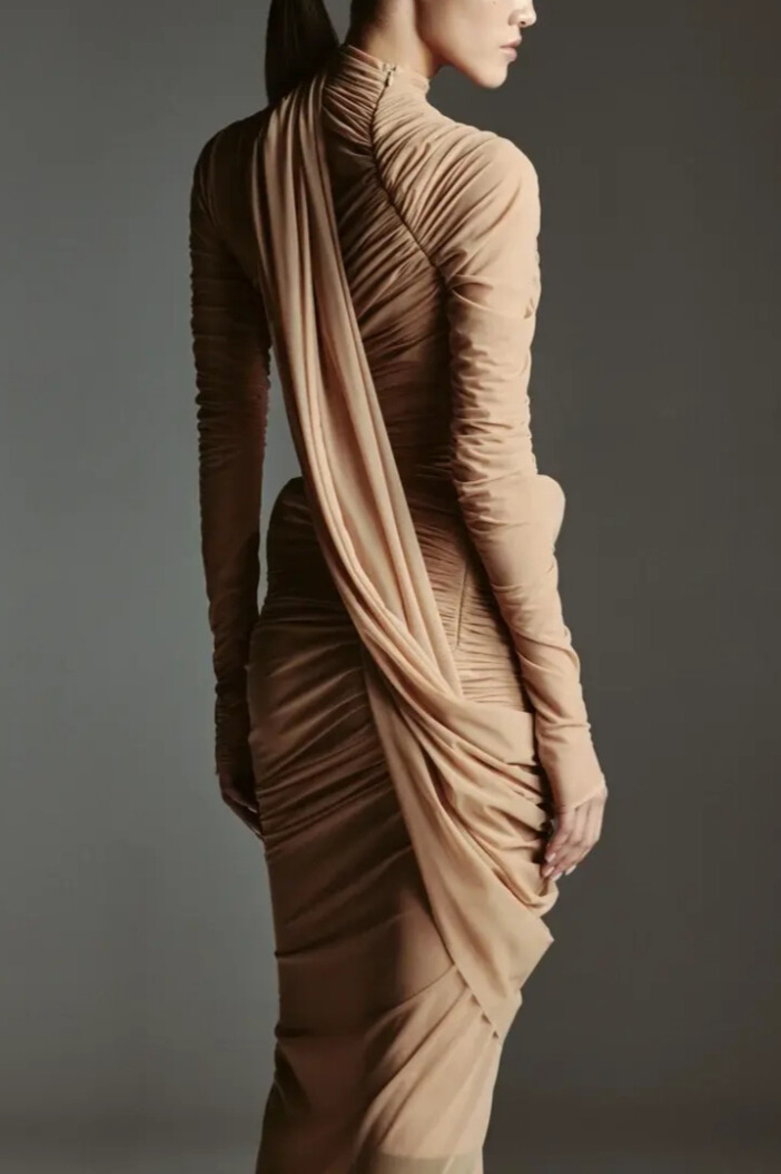 Elijah Asymmetric Ruched Split Mesh Midi Dress In Khaki