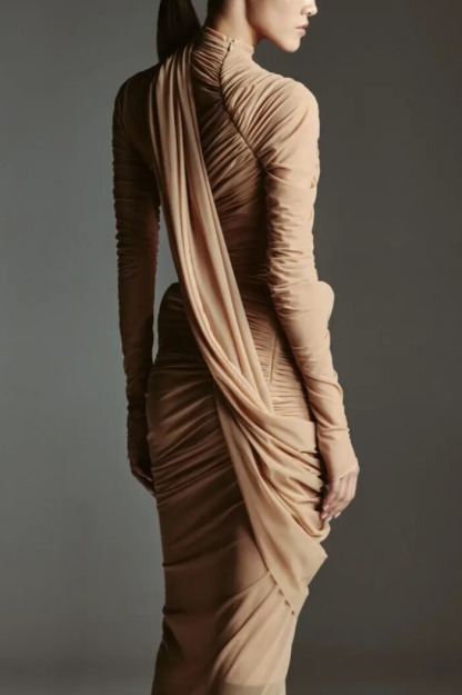 Elijah Asymmetric Ruched Split Mesh Midi Dress In Khaki