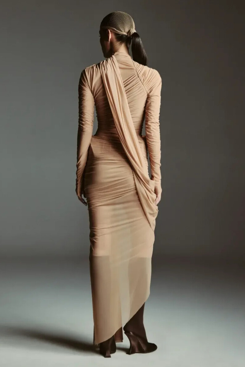 Elijah Asymmetric Ruched Split Mesh Midi Dress In Khaki