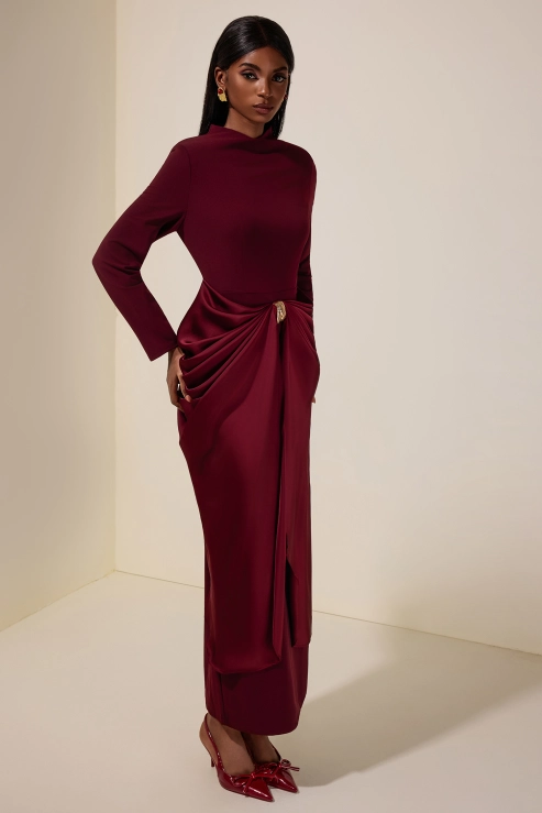 Kestrel Long Sleeve Draped Satin Midi Dress In Wine