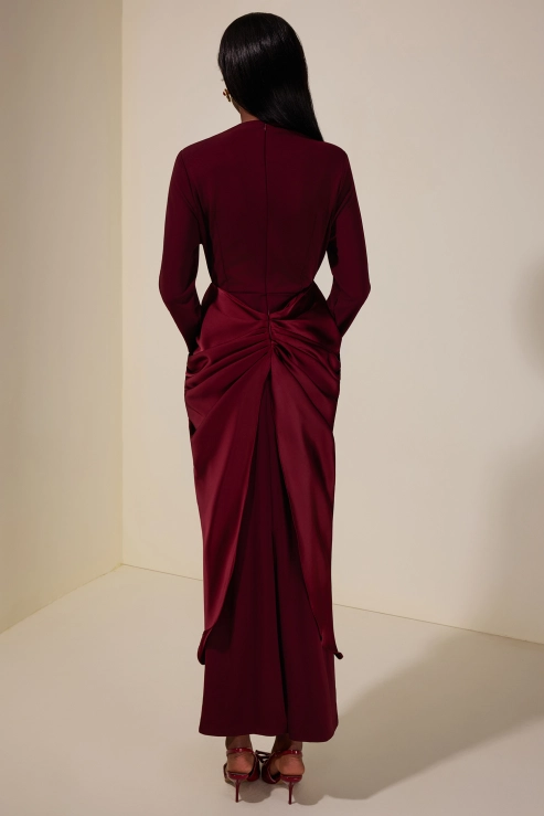 Kestrel Long Sleeve Draped Satin Midi Dress In Wine