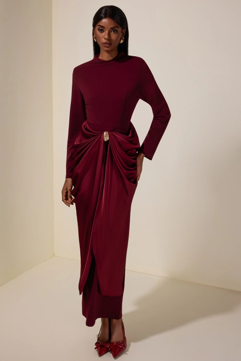 Kestrel Long Sleeve Draped Satin Midi Dress In Wine