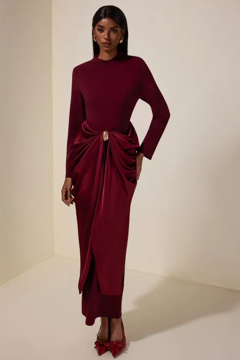 Kestrel Long Sleeve Draped Satin Midi Dress In Wine