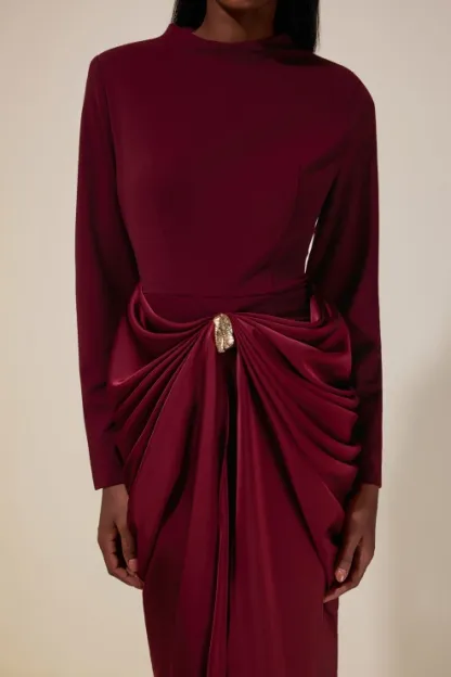 Kestrel Long Sleeve Draped Satin Midi Dress In Wine