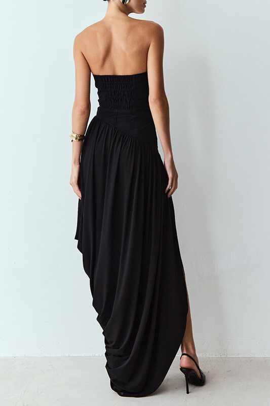 Raya Strapless Draped Midi Dress In Black