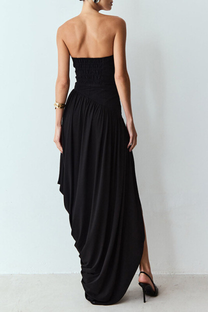 Raya Strapless Draped Midi Dress In Black