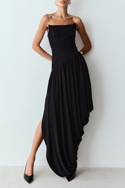 Raya Strapless Draped Midi Dress In Black