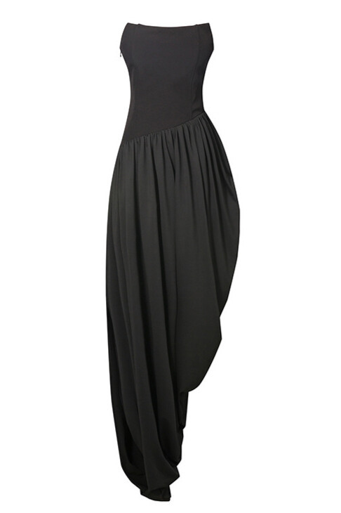 Raya Strapless Draped Midi Dress In Black