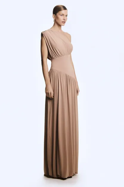 Zane One Shoulder Ruched Maxi Dress In Khaki