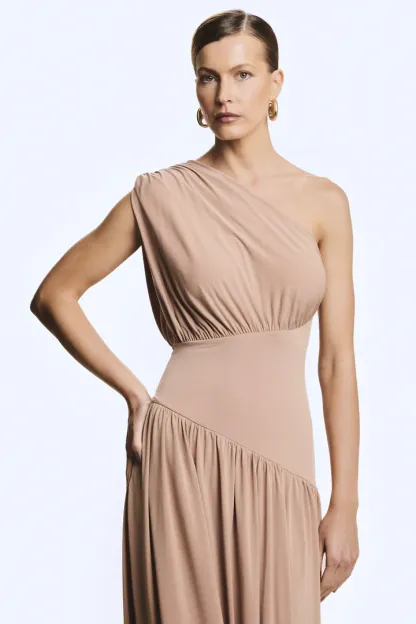 Zane One Shoulder Ruched Maxi Dress In Khaki