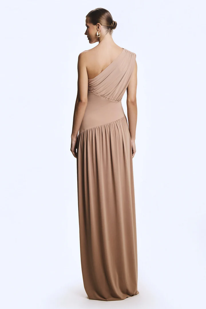 Zane One Shoulder Ruched Maxi Dress In Khaki
